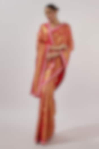 Red Tissue Kanchi Silk Zardosi Hand Embroidered Handwoven Bridal Saree Set by Anushree Reddy at Pernia's Pop Up Shop