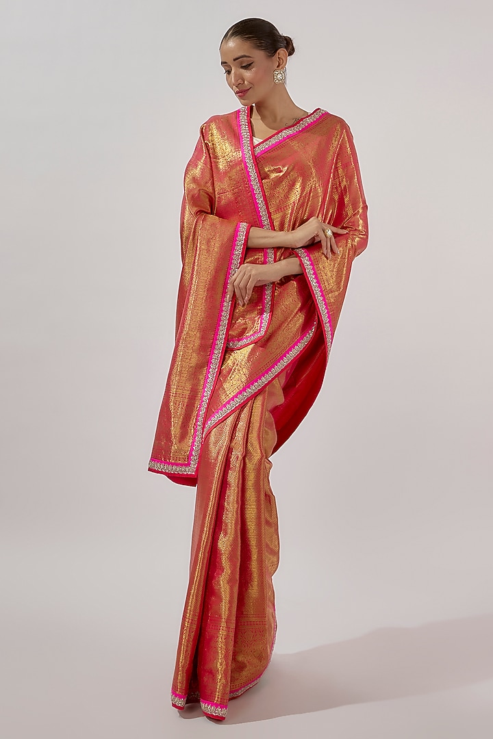 Red Tissue Kanchi Silk Zardosi Hand Embroidered Handwoven Bridal Saree Set by Anushree Reddy at Pernia's Pop Up Shop