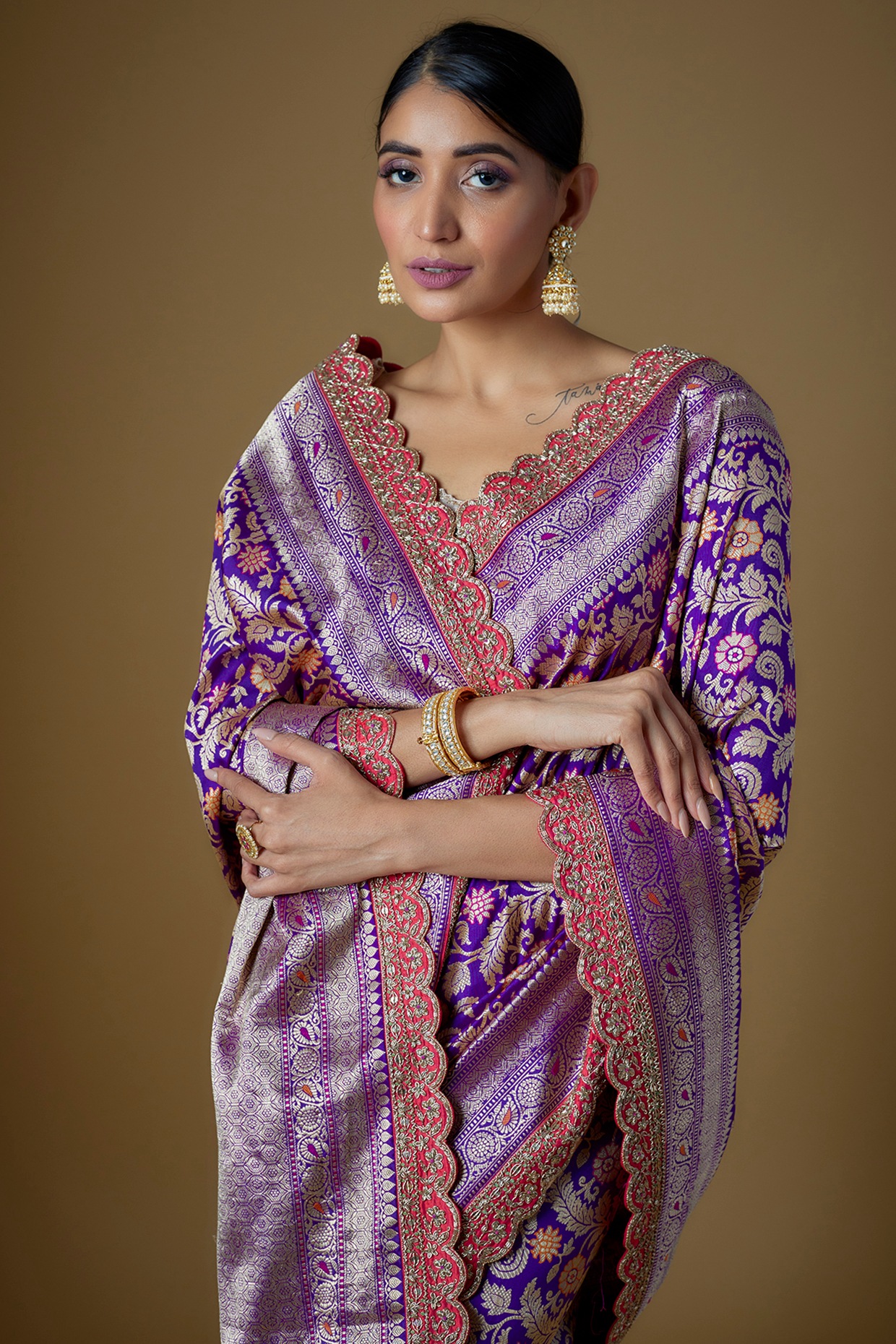 Purple Chiffon Saree with Pure Silver Zari Kadwa Motifs - Mirra Clothing