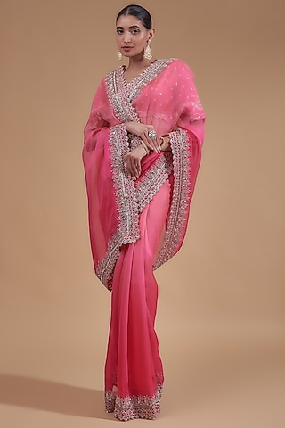 Pink Ombre Organza Saree Set by Anushree Reddy