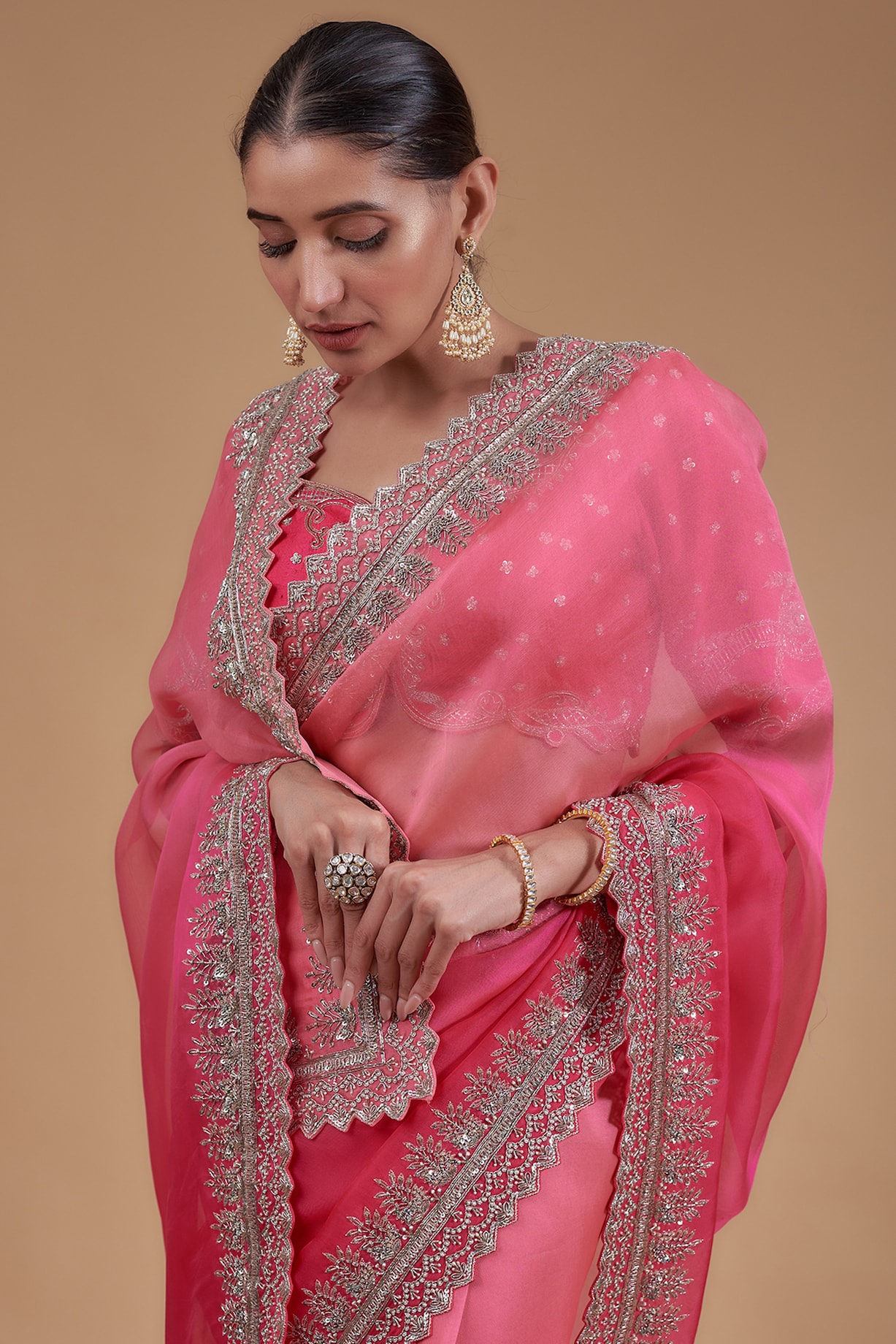 Pink Ombre Organza Saree Set by Anushree Reddy at Pernia's Pop Up