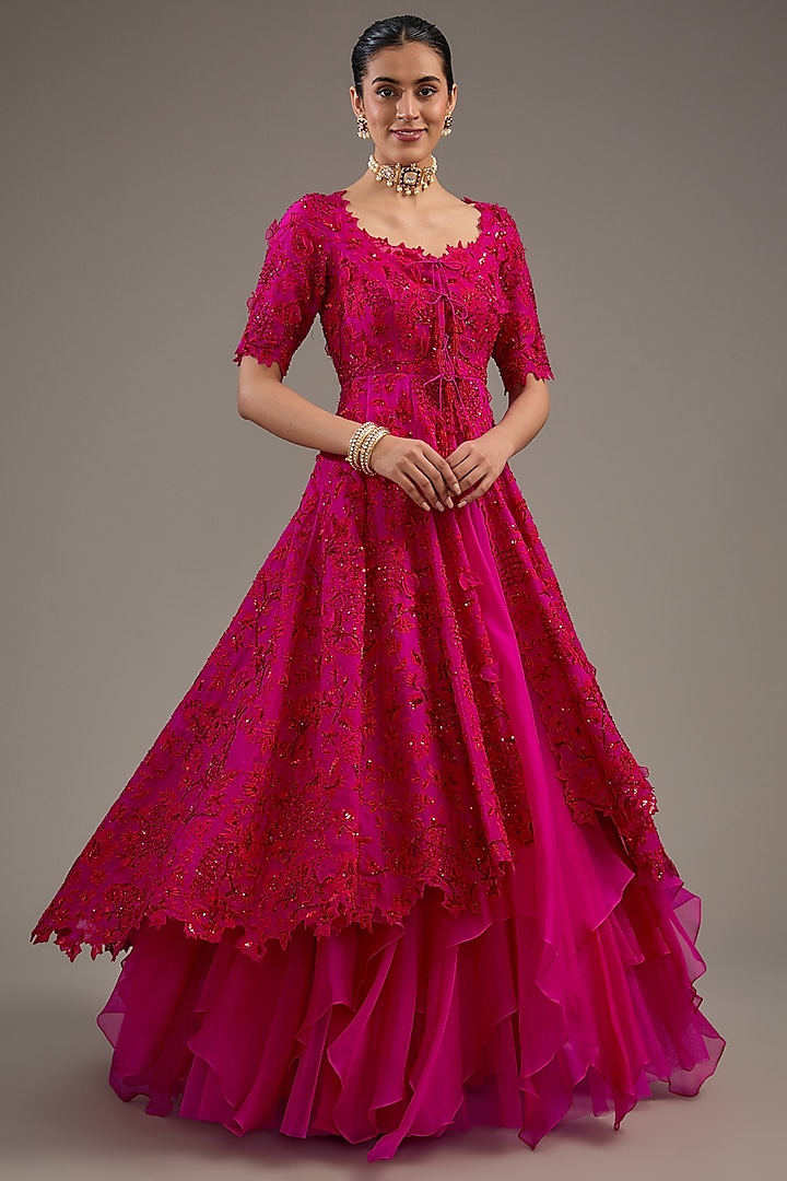 Hot Pink Organza 3D Embroidered Jacket Set by Anushree Reddy