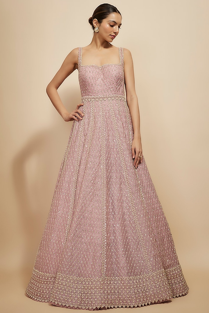 Pinkish Ivory Organza Hand Embroidered Gown by Anushree Reddy