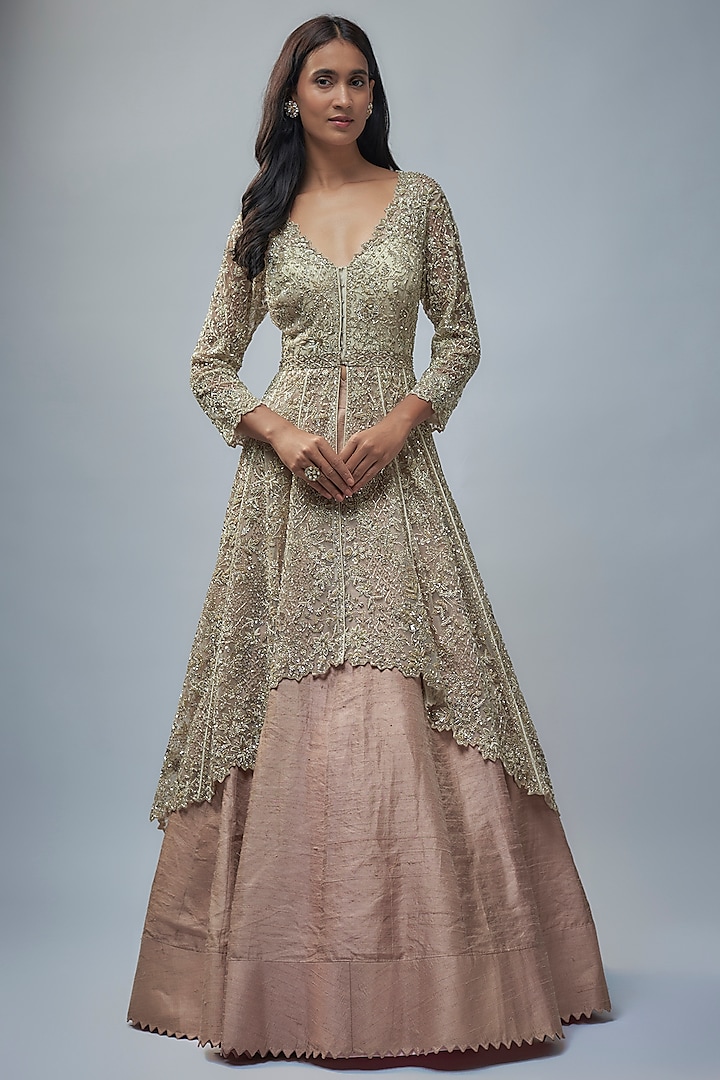 Ivory Net Hand Embroidered Jacket Set by Anushree Reddy at Pernia's Pop Up Shop