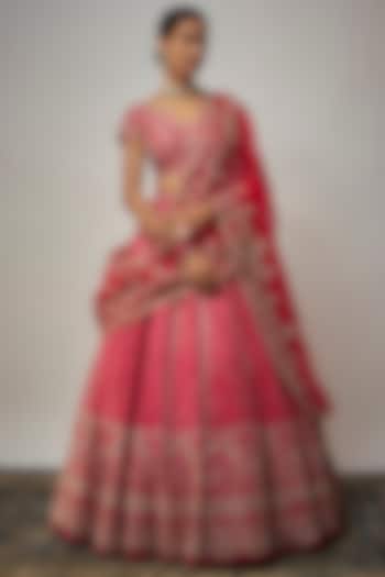 Red Raw Silk Hand Embroidered Bridal Lehenga Set by Anushree Reddy at Pernia's Pop Up Shop
