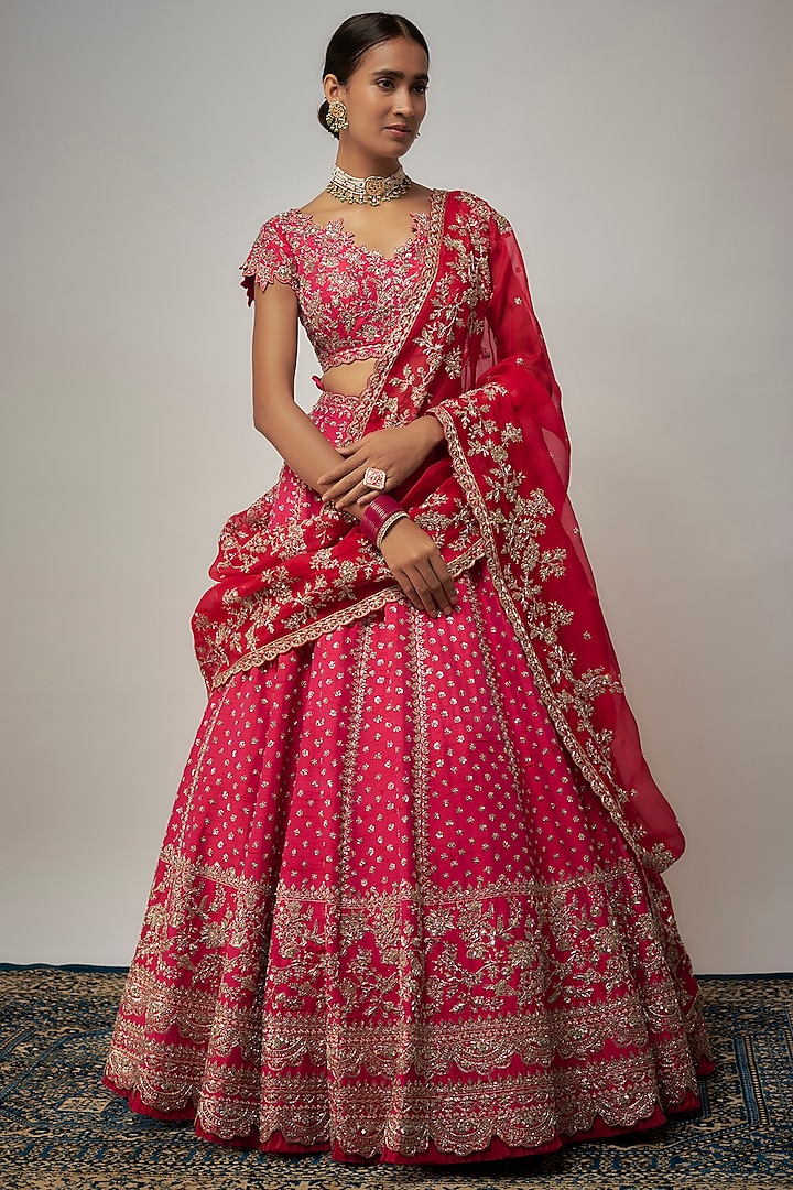 Red Raw Silk Hand Embroidered Bridal Lehenga Set by Anushree Reddy at Pernia's Pop Up Shop