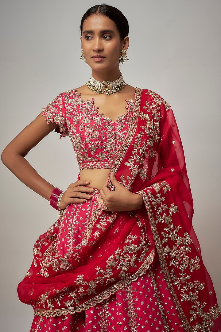 Red Raw Silk Hand Embroidered Bridal Lehenga Set by Anushree Reddy at Pernia's Pop Up Shop