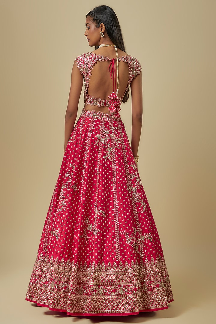 Red Raw Silk Hand Embroidered Bridal Lehenga Set by Anushree Reddy at Pernia's Pop Up Shop