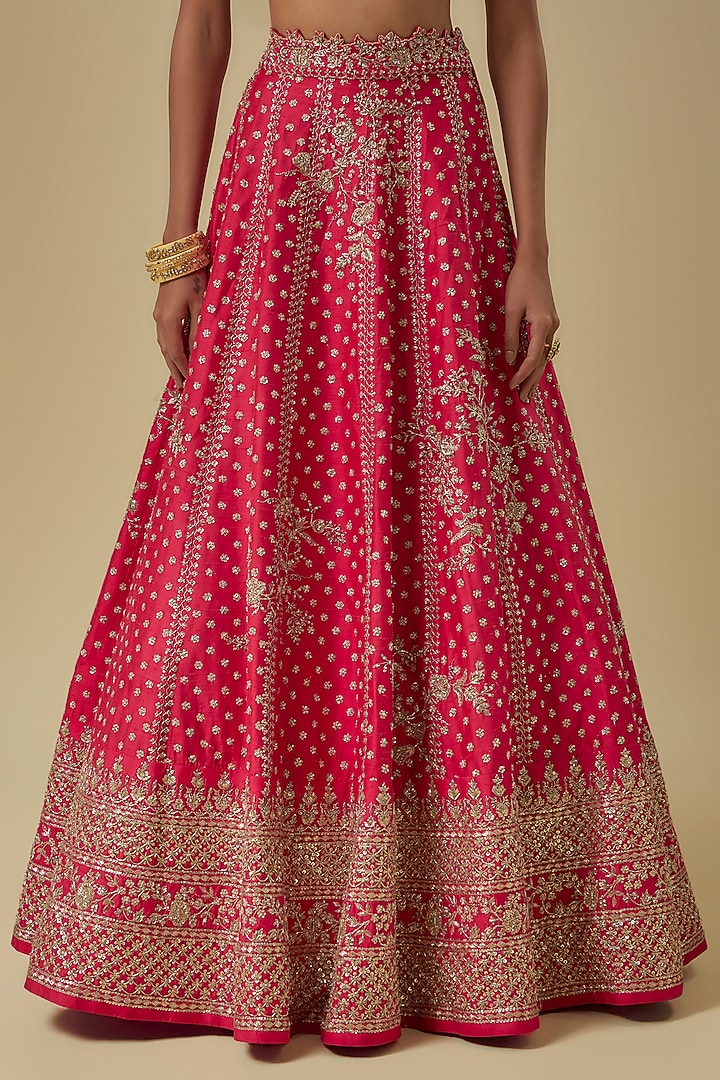 Red Raw Silk Hand Embroidered Bridal Lehenga Set by Anushree Reddy at Pernia's Pop Up Shop