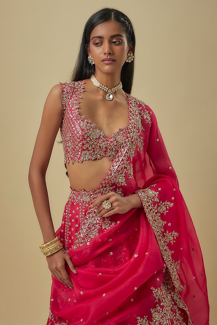 Red Raw Silk Hand Embroidered Bridal Lehenga Set by Anushree Reddy at Pernia's Pop Up Shop