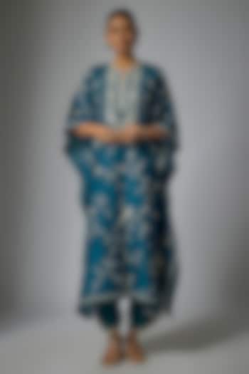 Teal Blue Dupion Silk Aari & Thread Work Kaftan Set by Anushree Reddy at Pernia's Pop Up Shop