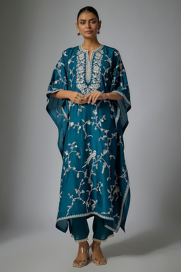 Teal Blue Dupion Silk Aari & Thread Work Kaftan Set by Anushree Reddy at Pernia's Pop Up Shop