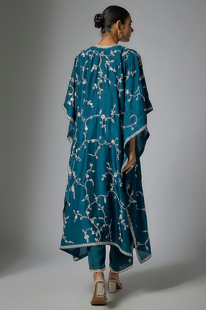 Teal Blue Dupion Silk Aari & Thread Work Kaftan Set by Anushree Reddy at Pernia's Pop Up Shop