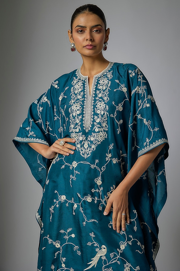 Teal Blue Dupion Silk Aari & Thread Work Kaftan Set by Anushree Reddy at Pernia's Pop Up Shop