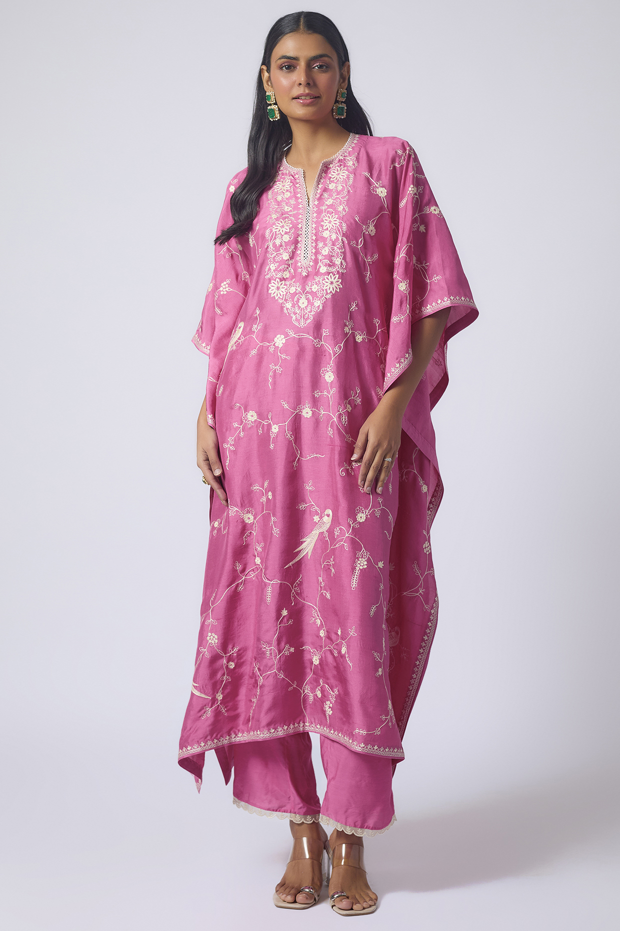 Blush Pink Dupion Silk Aari Thread Work Kaftan Set by Anushree Reddy at Pernia's Pop Up Shop