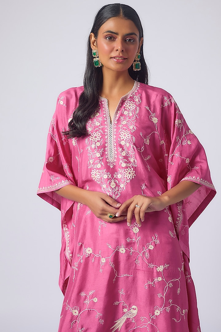 Blush Pink Dupion Silk Aari Thread Work Kaftan Set by Anushree Reddy at Pernia's Pop Up Shop