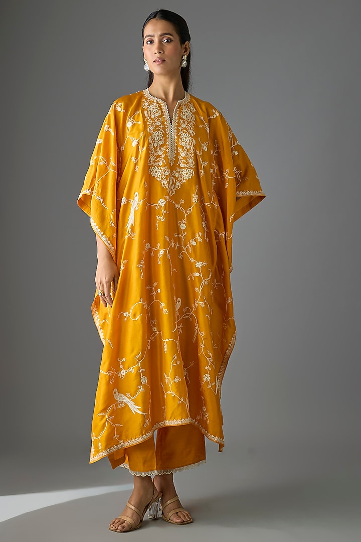 Orange Dupion Silk Machine Embroidered Kaftan Set by Anushree Reddy at Pernia's Pop Up Shop