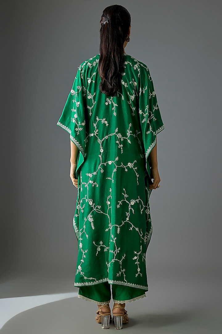 Emerald Green Dupion Silk Machine Embroidered Kaftan Set by Anushree Reddy at Pernia's Pop Up Shop