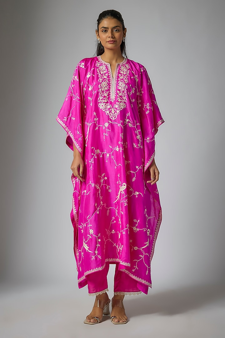 Hot Pink Dupion Silk Machine Embroidered Kaftan Set by Anushree Reddy at Pernia's Pop Up Shop