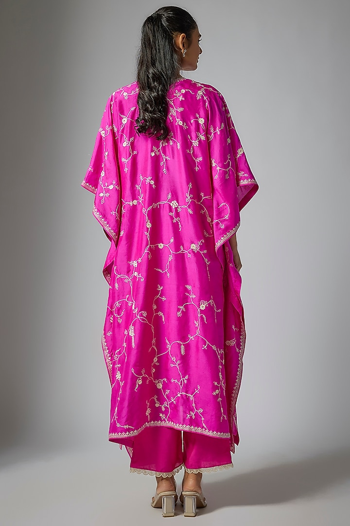 Hot Pink Dupion Silk Machine Embroidered Kaftan Set by Anushree Reddy at Pernia's Pop Up Shop