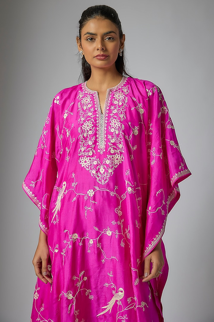 Hot Pink Dupion Silk Machine Embroidered Kaftan Set by Anushree Reddy at Pernia's Pop Up Shop