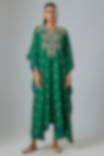 Emerald Green Dupion Silk Zardosi Embroidered Kaftan Set by Anushree Reddy at Pernia's Pop Up Shop