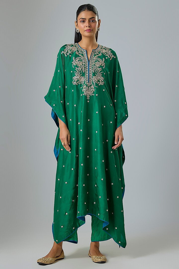 Emerald Green Dupion Silk Zardosi Embroidered Kaftan Set by Anushree Reddy at Pernia's Pop Up Shop
