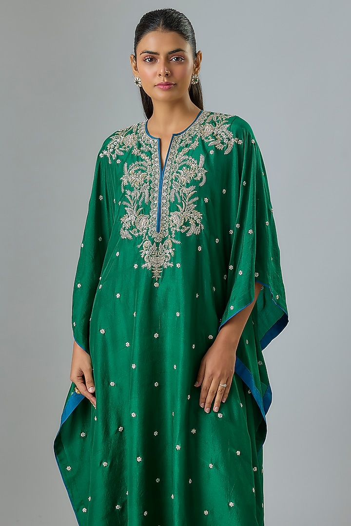 Emerald Green Dupion Silk Zardosi Embroidered Kaftan Set by Anushree Reddy at Pernia's Pop Up Shop