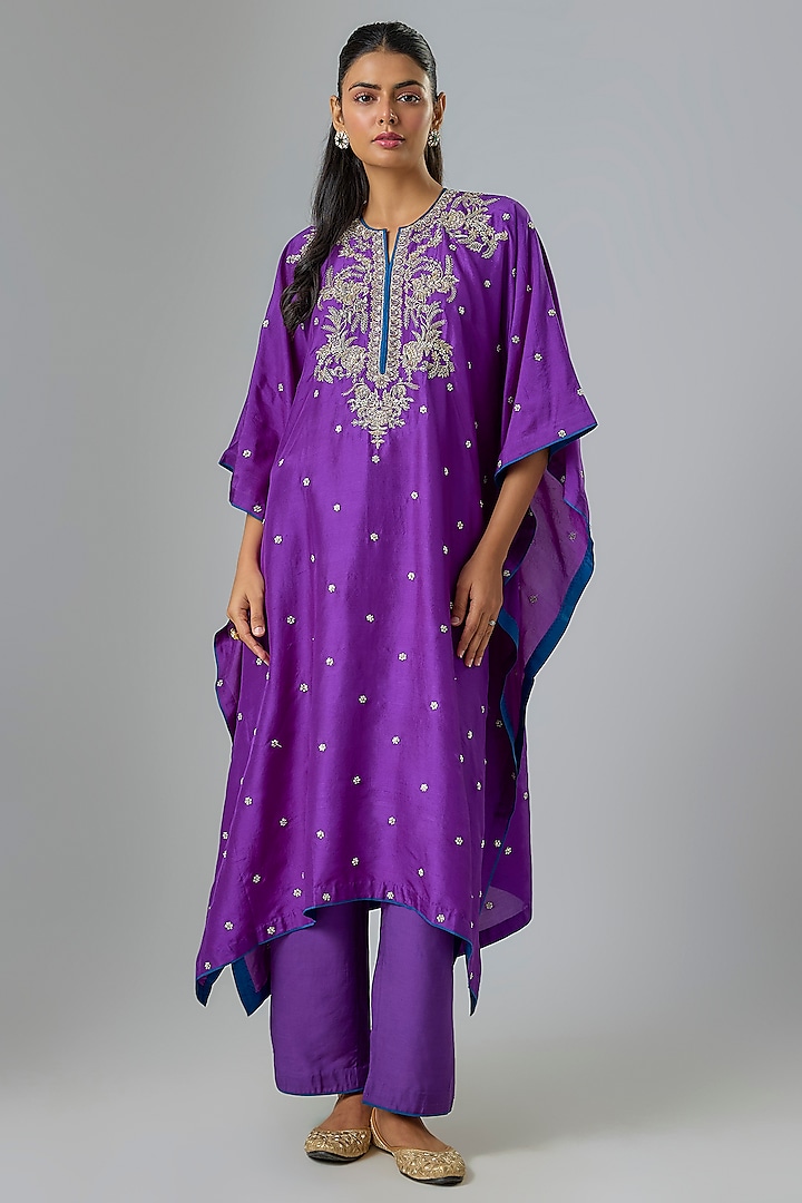 Purple Dupion Silk Zardosi Embroidered Kaftan Set by Anushree Reddy at Pernia's Pop Up Shop