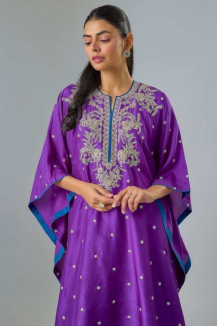 Purple Dupion Silk Zardosi Embroidered Kaftan Set by Anushree Reddy at Pernia's Pop Up Shop