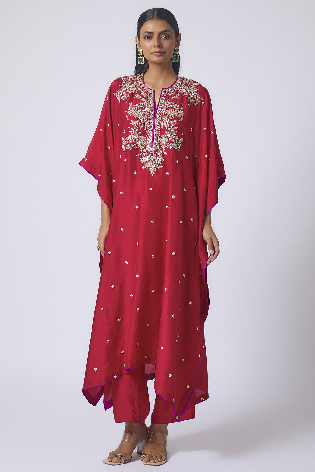 Red Dupion Silk Zardosi Work Kaftan Set by Anushree Reddy at Pernia's Pop Up Shop