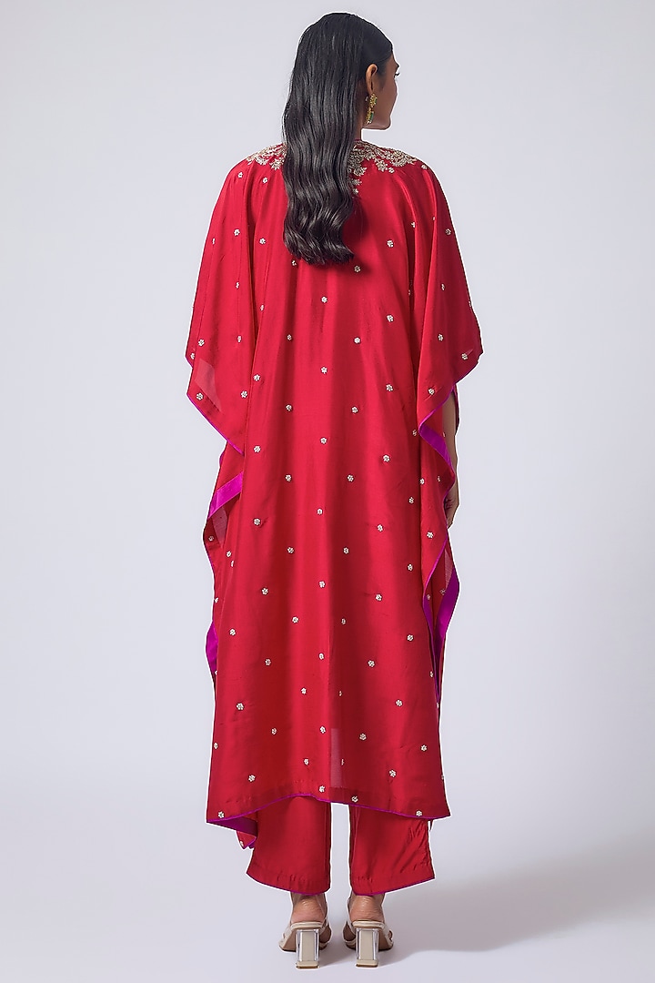 Red Dupion Silk Zardosi Work Kaftan Set by Anushree Reddy at Pernia's Pop Up Shop