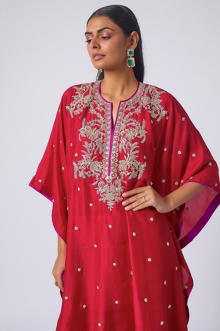 Red Dupion Silk Zardosi Work Kaftan Set by Anushree Reddy at Pernia's Pop Up Shop
