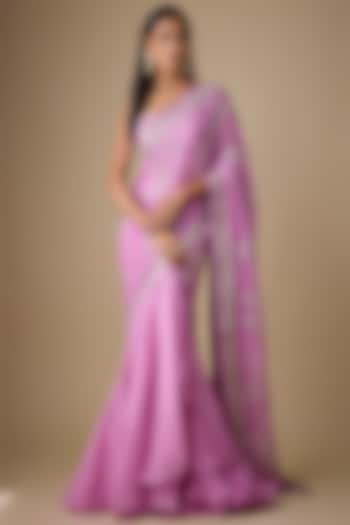 Mauve Organza & Chiffon Hand Embroidered Ruffled Bridal Saree Set by Anushree Reddy at Pernia's Pop Up Shop