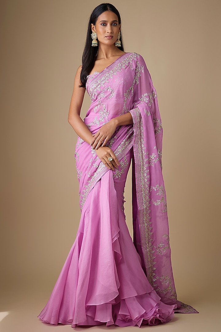 Mauve Organza & Chiffon Hand Embroidered Ruffled Bridal Saree Set by Anushree Reddy at Pernia's Pop Up Shop