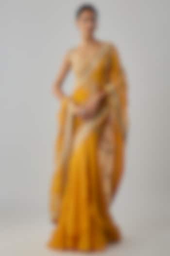 Mustard Yellow Chiffon & Organza Embroidered Ruffled Bridal Saree Set by Anushree Reddy at Pernia's Pop Up Shop