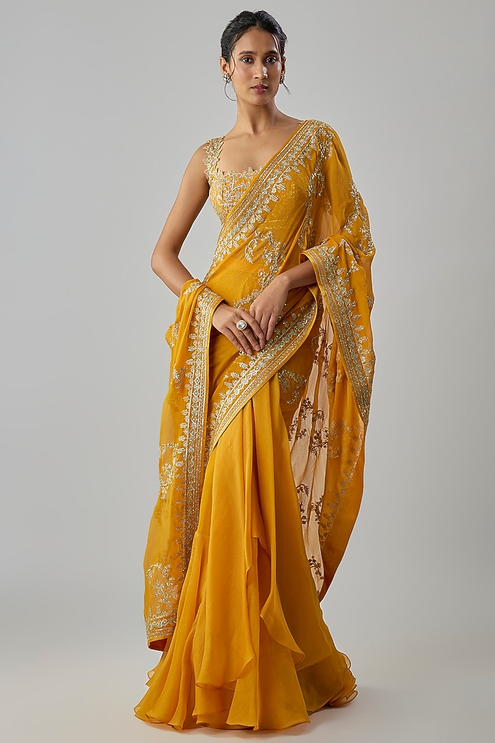Mustard Yellow Chiffon & Organza Embroidered Ruffled Bridal Saree Set by Anushree Reddy at Pernia's Pop Up Shop
