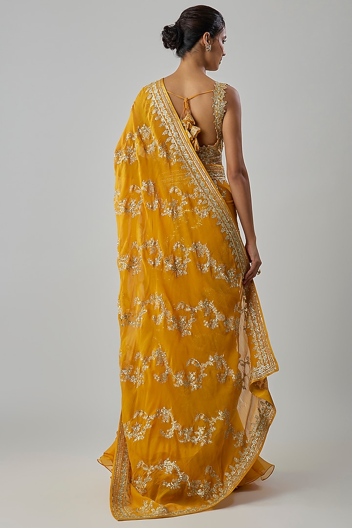 Mustard Yellow Chiffon & Organza Embroidered Ruffled Bridal Saree Set by Anushree Reddy at Pernia's Pop Up Shop