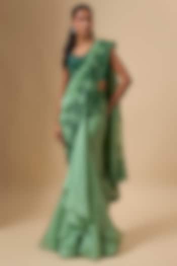 Sea Green Organza Hand Embroidered Ruffled Bridal Saree Set by Anushree Reddy at Pernia's Pop Up Shop