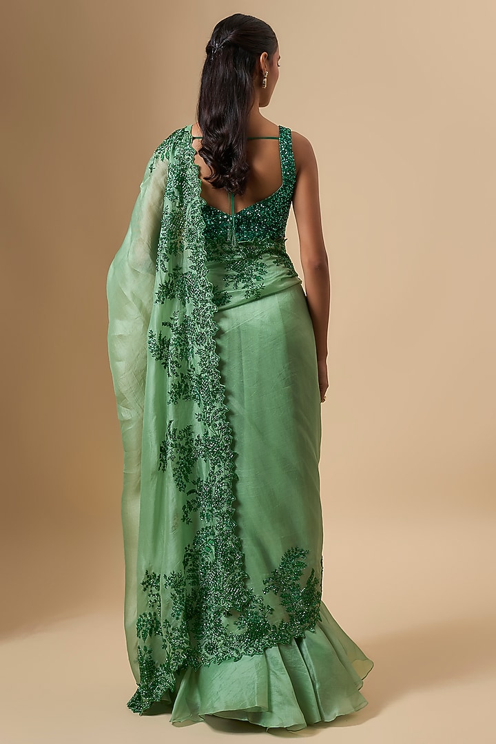 Sea Green Organza Hand Embroidered Ruffled Bridal Saree Set by Anushree Reddy at Pernia's Pop Up Shop