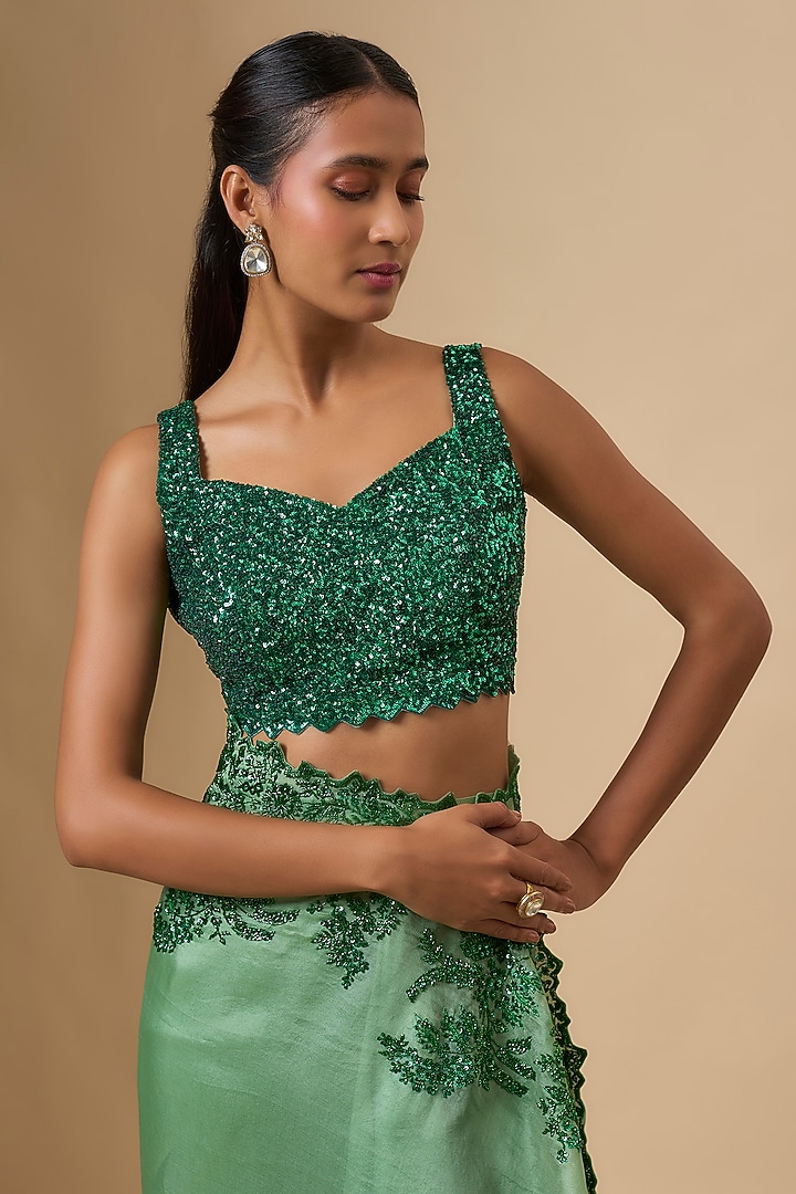 Sea Green Organza Hand Embroidered Ruffled Bridal Saree Set by Anushree Reddy at Pernia's Pop Up Shop