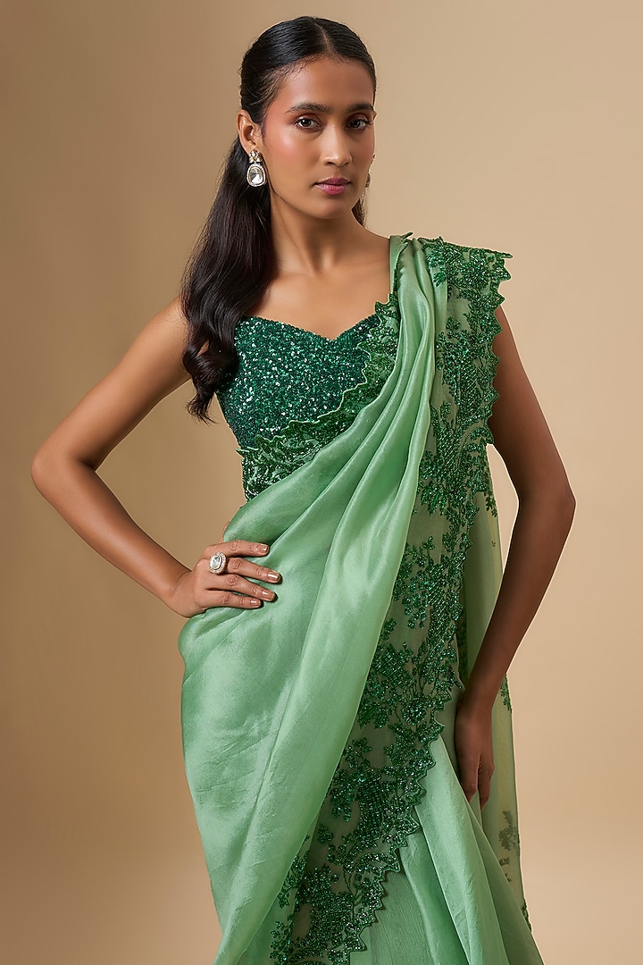 Sea Green Organza Hand Embroidered Ruffled Bridal Saree Set by Anushree Reddy at Pernia's Pop Up Shop