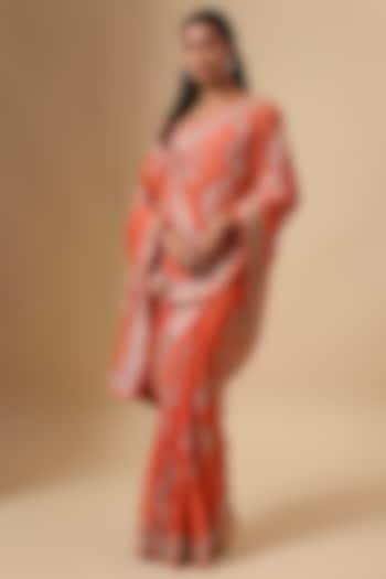 Orange Chiffon Hand & Machine Embroidered Bridal Saree Set by Anushree Reddy at Pernia's Pop Up Shop