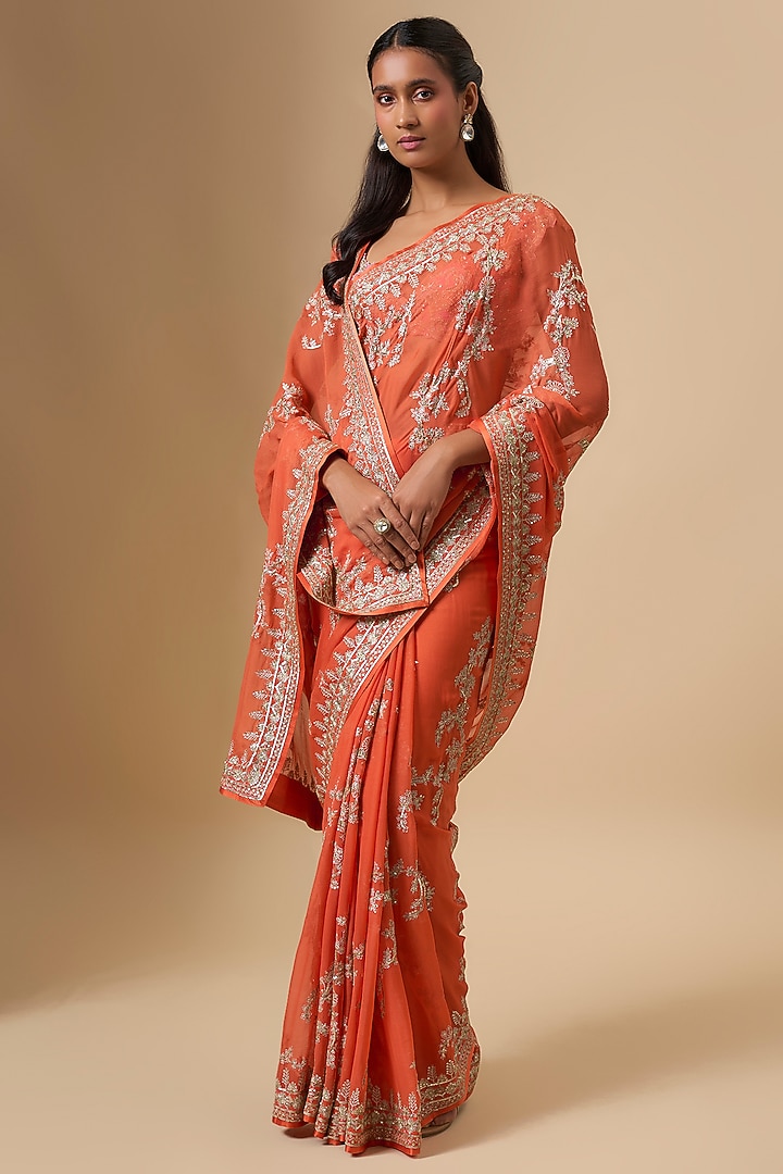 Orange Chiffon Hand & Machine Embroidered Bridal Saree Set by Anushree Reddy at Pernia's Pop Up Shop