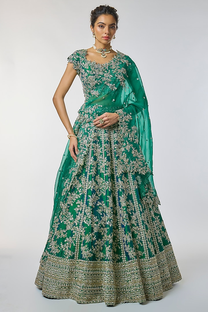 Emerald Green Organza Hand Embroidered Bridal Lehenga Set by Anushree Reddy at Pernia's Pop Up Shop