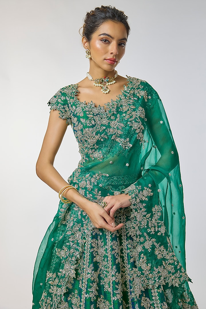 Emerald Green Organza Hand Embroidered Bridal Lehenga Set by Anushree Reddy at Pernia's Pop Up Shop