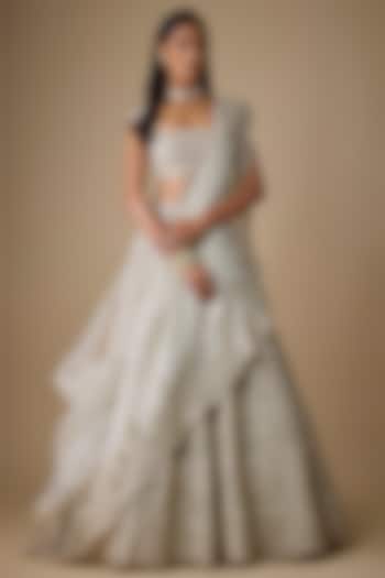 Ivory Organza Hand Embroidered Bridal Lehenga Set by Anushree Reddy at Pernia's Pop Up Shop