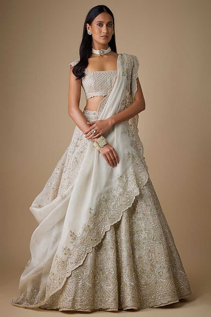 Ivory Organza Hand Embroidered Bridal Lehenga Set by Anushree Reddy at Pernia's Pop Up Shop