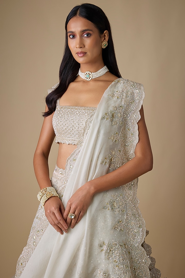 Ivory Organza Hand Embroidered Bridal Lehenga Set by Anushree Reddy at Pernia's Pop Up Shop