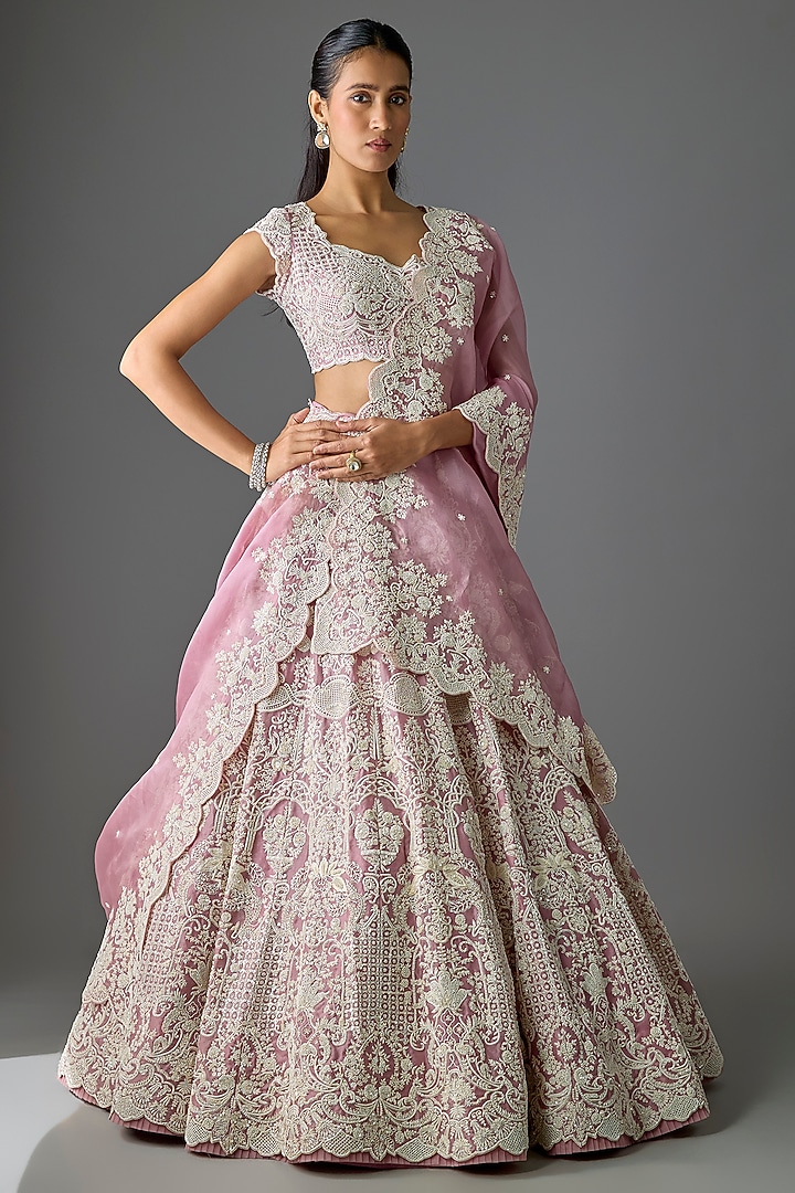 Blush Pink Organza Hand Embroidered Bridal Lehenga Set by Anushree Reddy at Pernia's Pop Up Shop